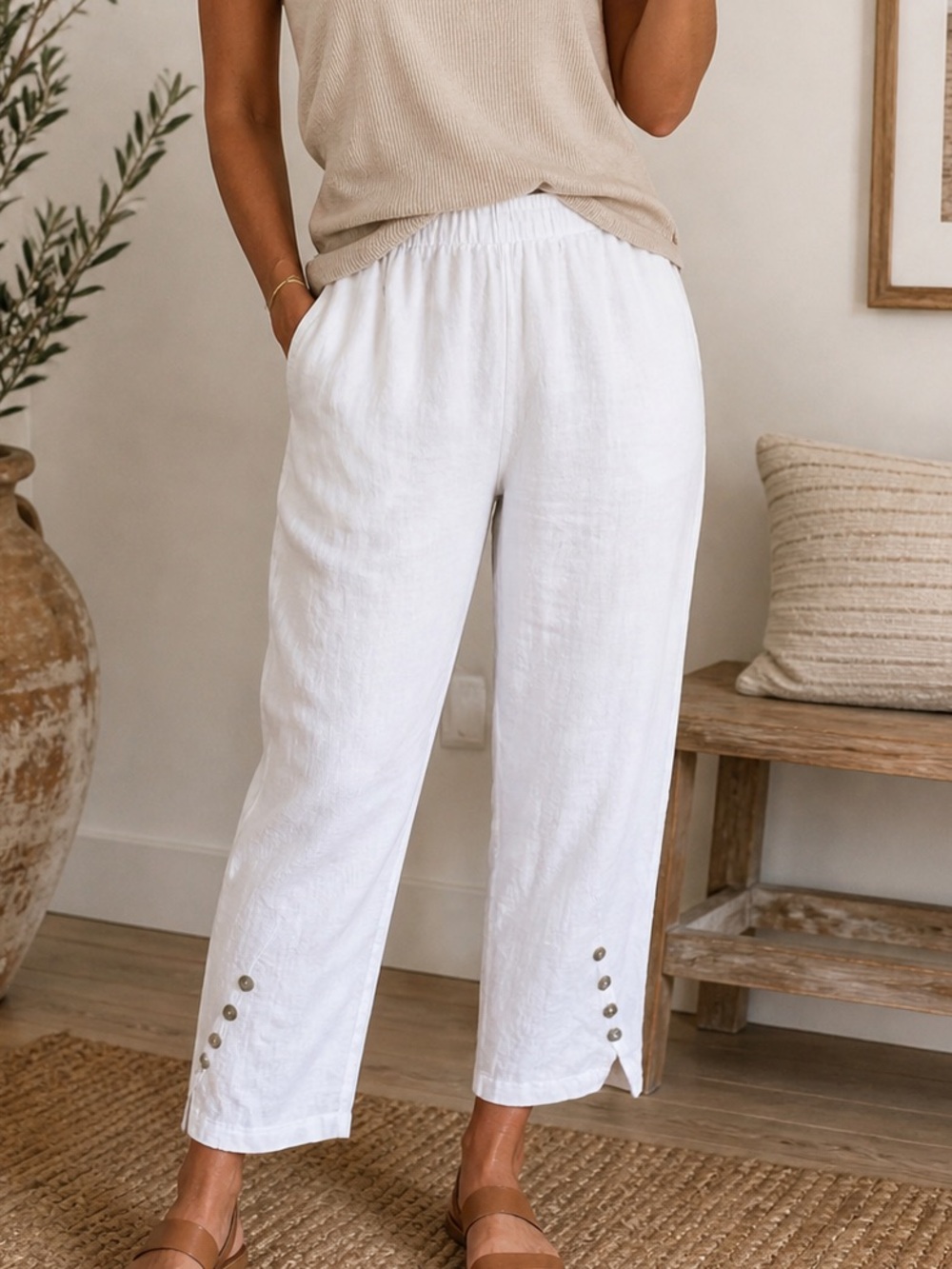 Peck & Peck Linen Pants White Elastic Waist Button hem Coastal Grandma Resort